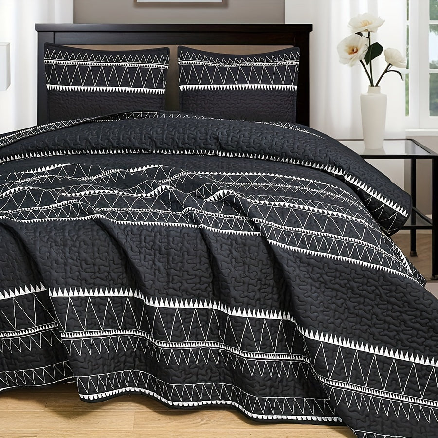 3pc Luxurious Bohemian Quilted Bedspread Set - Soft, Hypoallergenic & Durable, Black & White Geometric Stripes - Cozy Coverlet for Bedrooms & Dorms, Includes 1 Bedspread & 2 Pillowcases