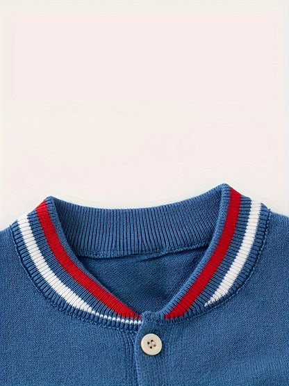 Boys And Girls Cotton Knit Cardigan, Casual Preppy Style Sweater With Cute Embroidery, Comfortable Knit Outerwear For Spring/Autumn