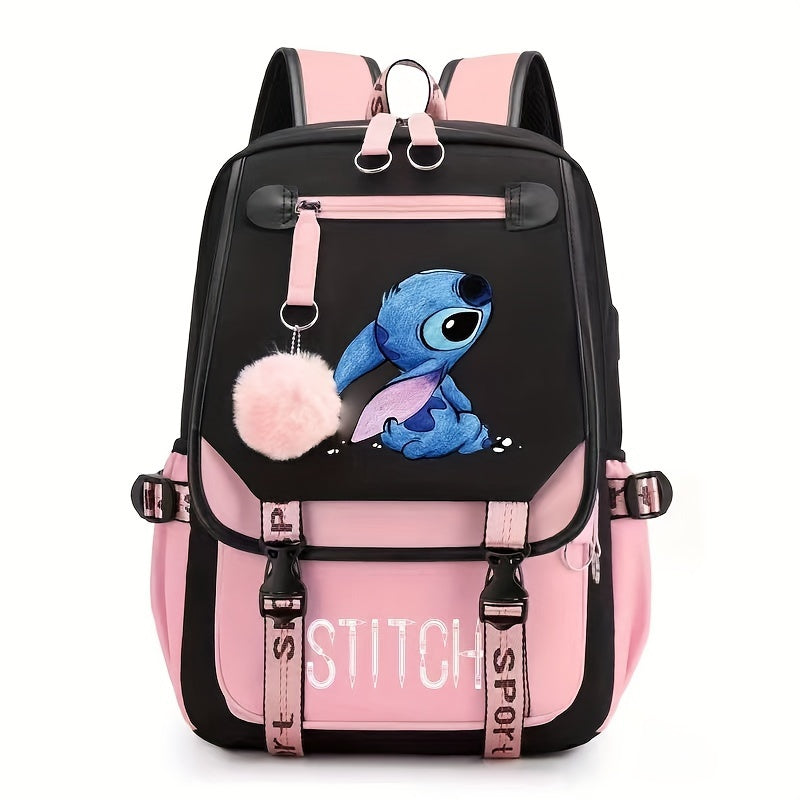 Stylish Cartoon Stitch Backpack - Durable Nylon Material, Zipper Closure, Polyester Lining, Preppy Style, Lightweight Design for School, Travel, and Daily Use - UME Brand