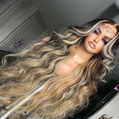 Ash Blonde Highlights 13x4 Lace Front Human Hair for Women Black Roots Ombre Body Wave Synthetic Wig Pre Plucked
