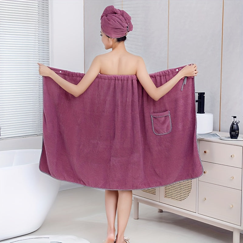2pcs Stylish Wearable Bath Towel Set - Ultra-Absorbent Skirted Towel with Pockets, Bow Decor Wrap & Water-Resistant Shower Cap - Perfect Bathroom Accessories for Womens Relaxing Spa Days