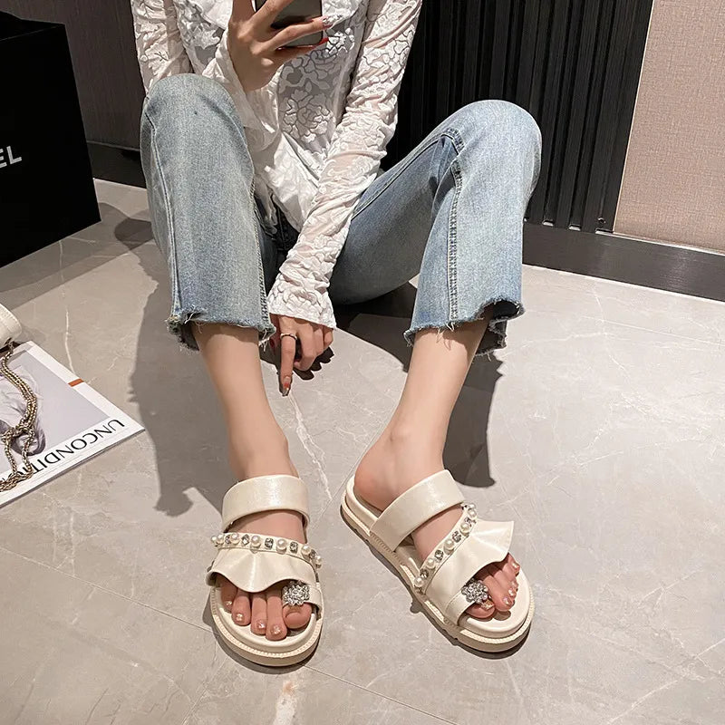 Sandals women's new summer platform soles wear pullover pearl rhinestone ruffles plus size women's shoes black