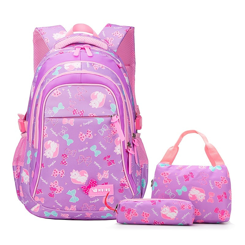 3-Piece Cute School Backpack Set for Boys & Girls - Lightweight, Foldable with Color Block Design, Lunch Box & Pencil Case Included