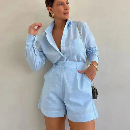 Aoaiiys White Short Sets Women Shirts Long Sleeve Linen Loose Blouse High Waist Shorts Suit Summer 2 Piece Womens Outfits 240518