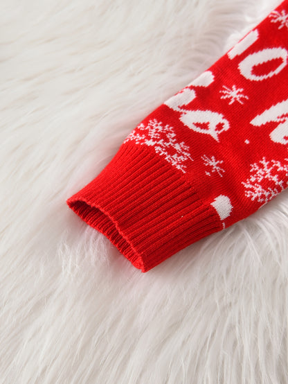 Boys' Christmas Sweater, Red Knit Pullover with "HO HO HO" Lettering, Round Neck, Stretchy Fabric, Regular Fit, Long Sleeves, All-Season, Party Style, for Spring/Autumn/Winter