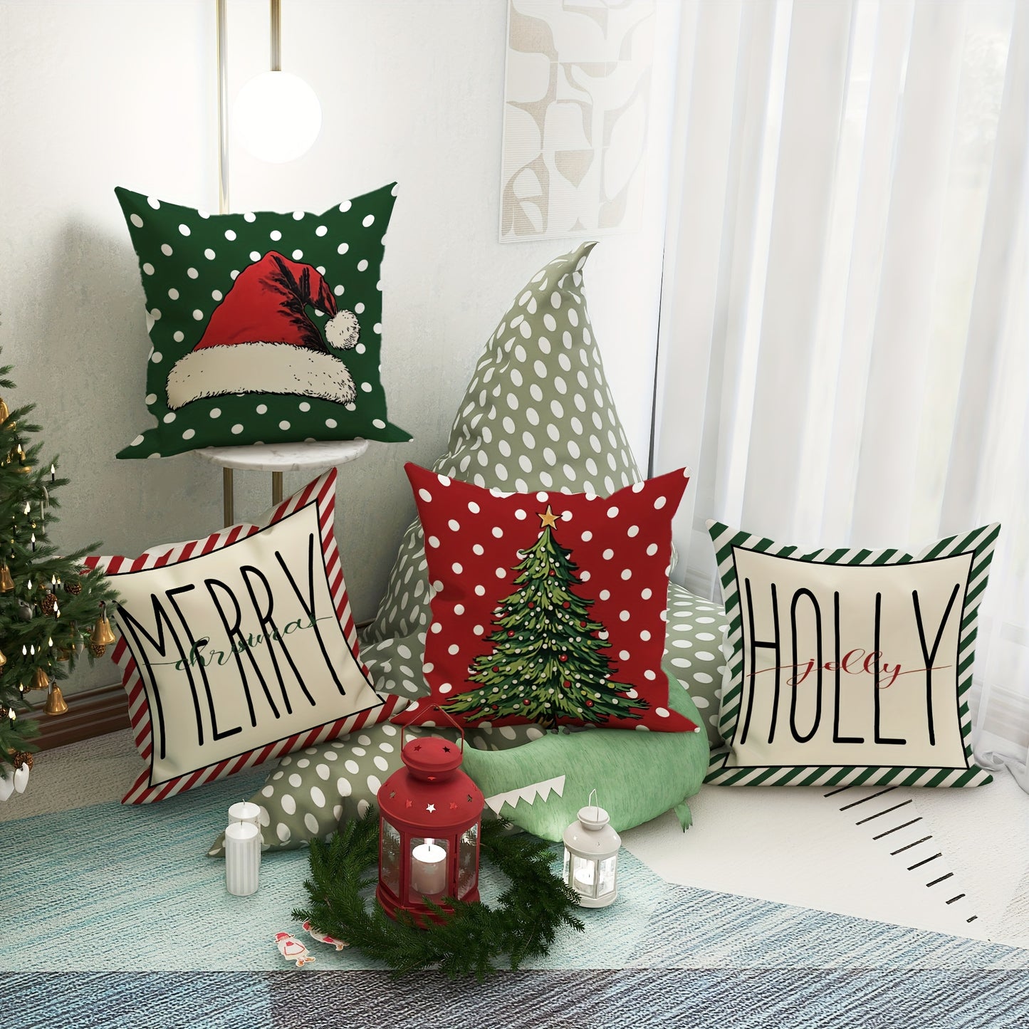 4-Pack 18x18 inches Velvet Christmas Throw Pillow Covers, Soft Decorative Cushion Cases with Santa Hat & Tree Design, Contemporary Farmhouse Style, Zippered, Machine Washable for Living Room Sofa Bed Decor