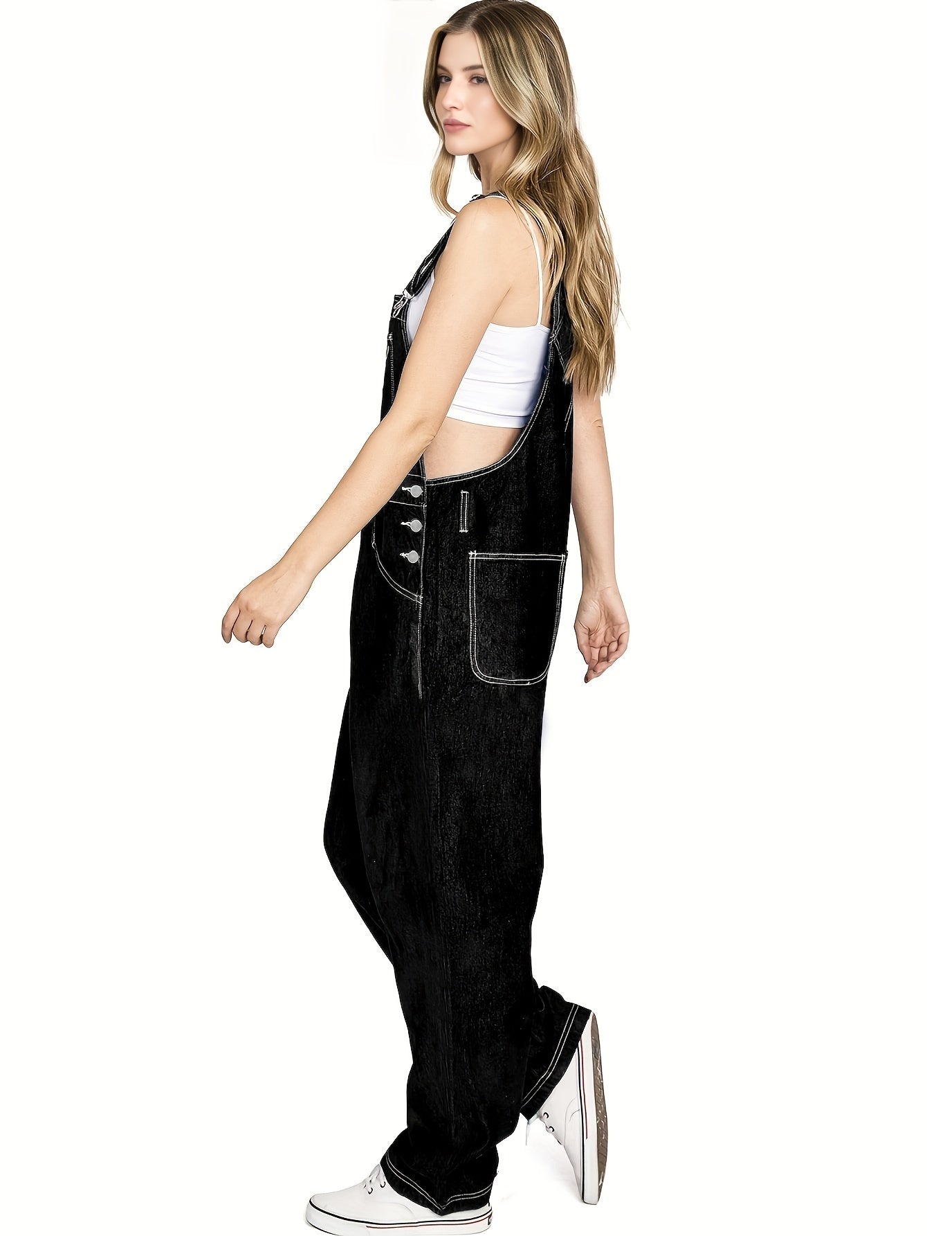 Plain Loose Fit Streetwear Adjustable Strap Contrast Seam Stitching Denim Overalls Dungarees, Women's Denim Jeans & Clothing