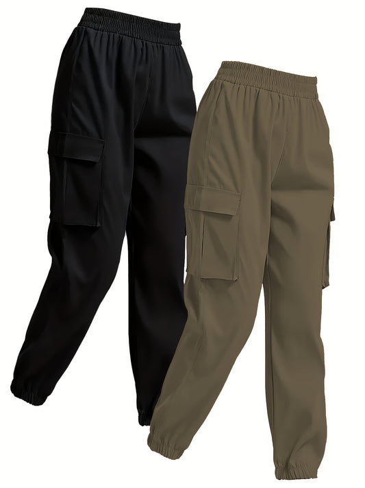 2 Pack Solid Jogger Cargo Pants - Women's Casual Pants with Flap Pockets and Elastic Waistband - Comfortable and Versatile Clothing for Everyday Wear