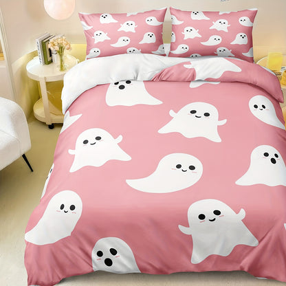 Halloween & Ghost Themed Duvet Cover Set, 3 Piece - 100% Polyester Lightweight Sanded Fabric, All-Season Digital Printed Bedding with Zipper Closure - Includes 1 Duvet Cover and 2 Pillowcases, Machine Washable, No Duvet Insert