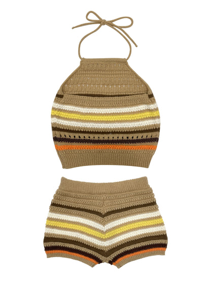 Chic Y2K Striped Set: Halter Top & Drawstring Shorts, Durable & Comfortable, Spring/Summer Essential