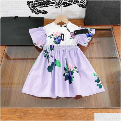 Girls Dresses 23Ss Princess Dress Short-Sleeved Kids Designer Clothes Lapel Lattice Splicing Belt Shirtdress Big Shirt Skirts Drop Del Dhnu8