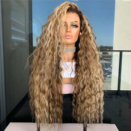 Free Style Water Wave Blonde Lace Front Wig Highlight Full Lace Human Hair Wigs for Women HD Transparent Synthetic Lace Closure Wig Preplucked