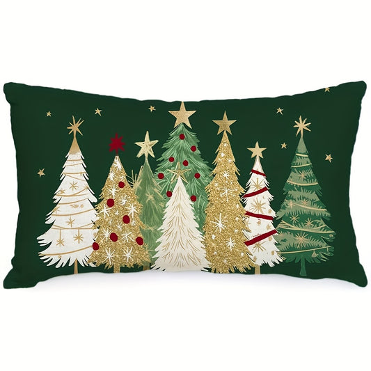Charming Watercolor Christmas Tree & Stars Pillow Cover 12x20 Inch - Farmhouse Style Linen Cushion Case for Sofa and Home Decor, Zip Closure, Machine Washable