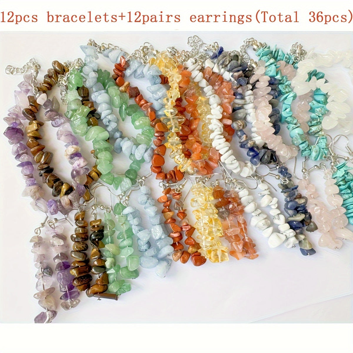 36-PCS Handmade Natural Stone Jewelry Set - Unique Irregular Design, 12-Strand Bracelet + 12 Pairs Earrings for Women and Men - Perfect Birthday, Party, Halloween, Christmas Gift Idea