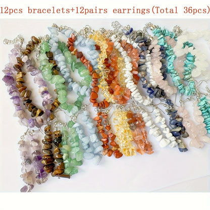 36-PCS Handmade Natural Stone Jewelry Set - Unique Irregular Design, 12-Strand Bracelet + 12 Pairs Earrings for Women and Men - Perfect Birthday, Party, Halloween, Christmas Gift Idea