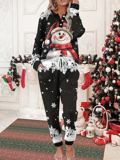 Two-Piece Festive Christmas Print Pantsuit Set - Women's Casual Long Sleeve Pullover Sweatshirt and Cozy Pants Outfit with Elastic Waistband and Soft Fabric for Holiday Party
