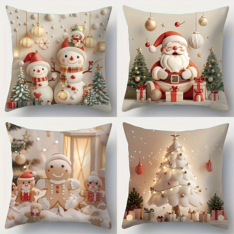Christmas Holiday Throw Pillow Covers Set of 4, Contemporary Zippered Polyester Cushion Cases, Machine Washable, for Living Room and Bedroom - Festive Santa, Snowman, Gingerbread, Christmas Tree Print, 17.72x17.72 Inches