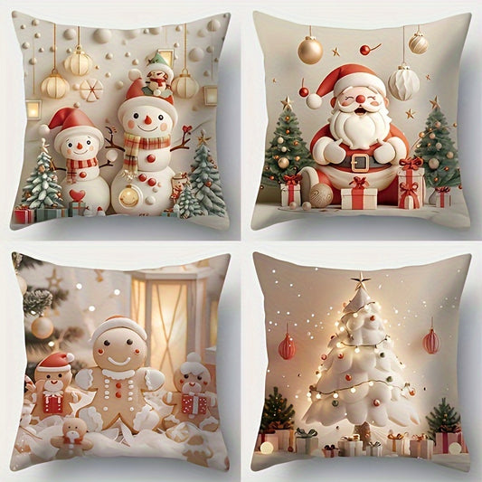 Christmas Holiday Throw Pillow Covers Set of 4, Contemporary Zippered Polyester Cushion Cases, Machine Washable, for Living Room and Bedroom - Festive Santa, Snowman, Gingerbread, Christmas Tree Print, 17.72x17.72 Inches