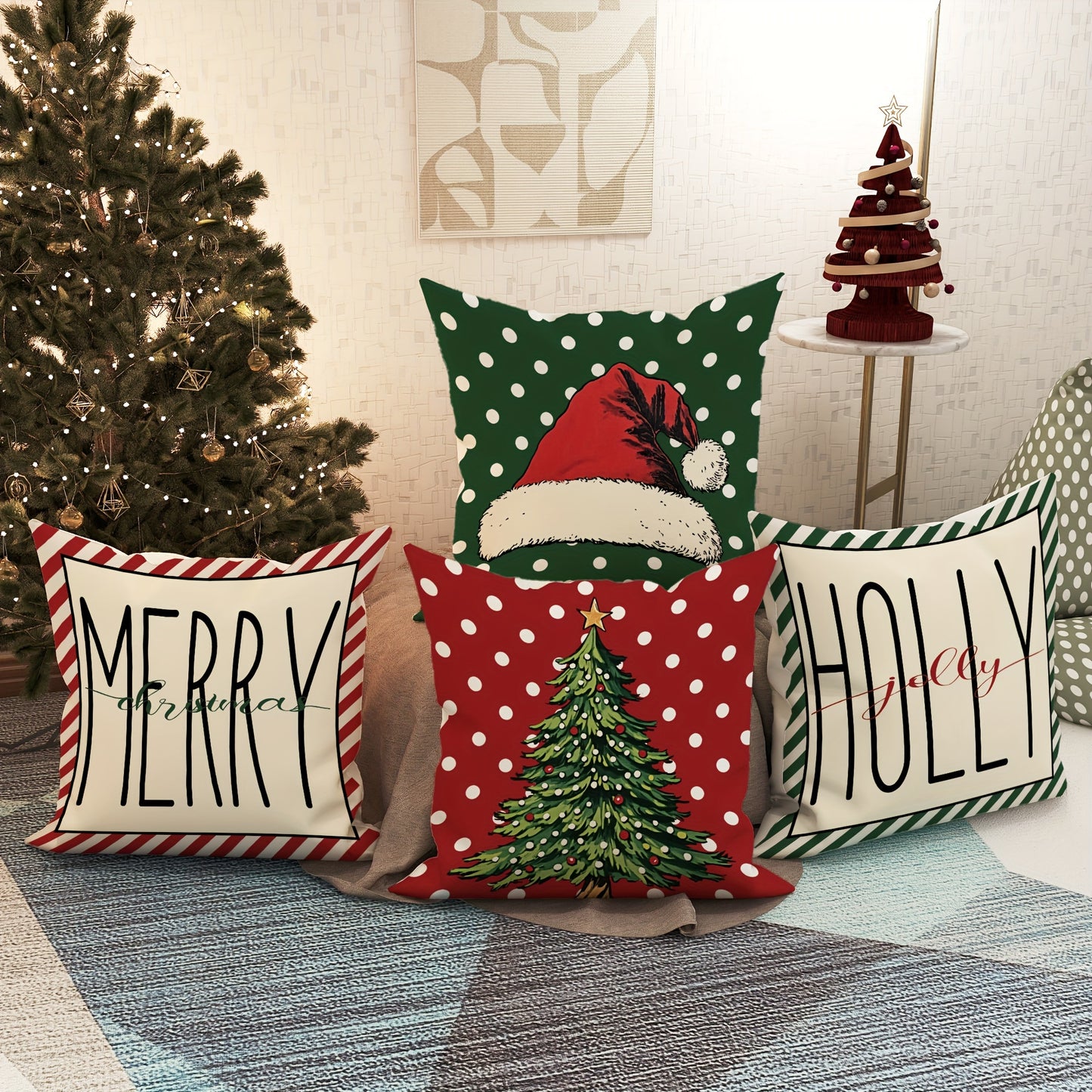 4-Pack 18x18 inches Velvet Christmas Throw Pillow Covers, Soft Decorative Cushion Cases with Santa Hat & Tree Design, Contemporary Farmhouse Style, Zippered, Machine Washable for Living Room Sofa Bed Decor