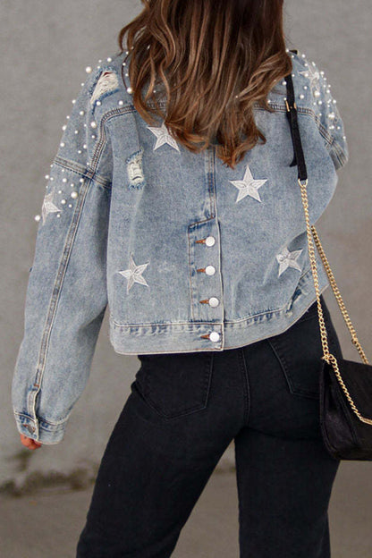 flowersverse flowersverse - Light Blue Casual Solid Beading Turndown Collar Long Sleeve Denim Jacket