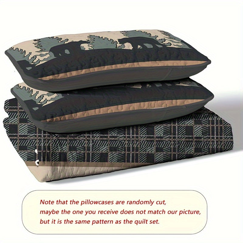 Plaid Wood Bear Walking Print Bedding Quilt Set: Soft and Lightweight, Suitable for All Seasons, 3-Piece Set (1 Bed Cover + 2 Pillowcases, No Filling)