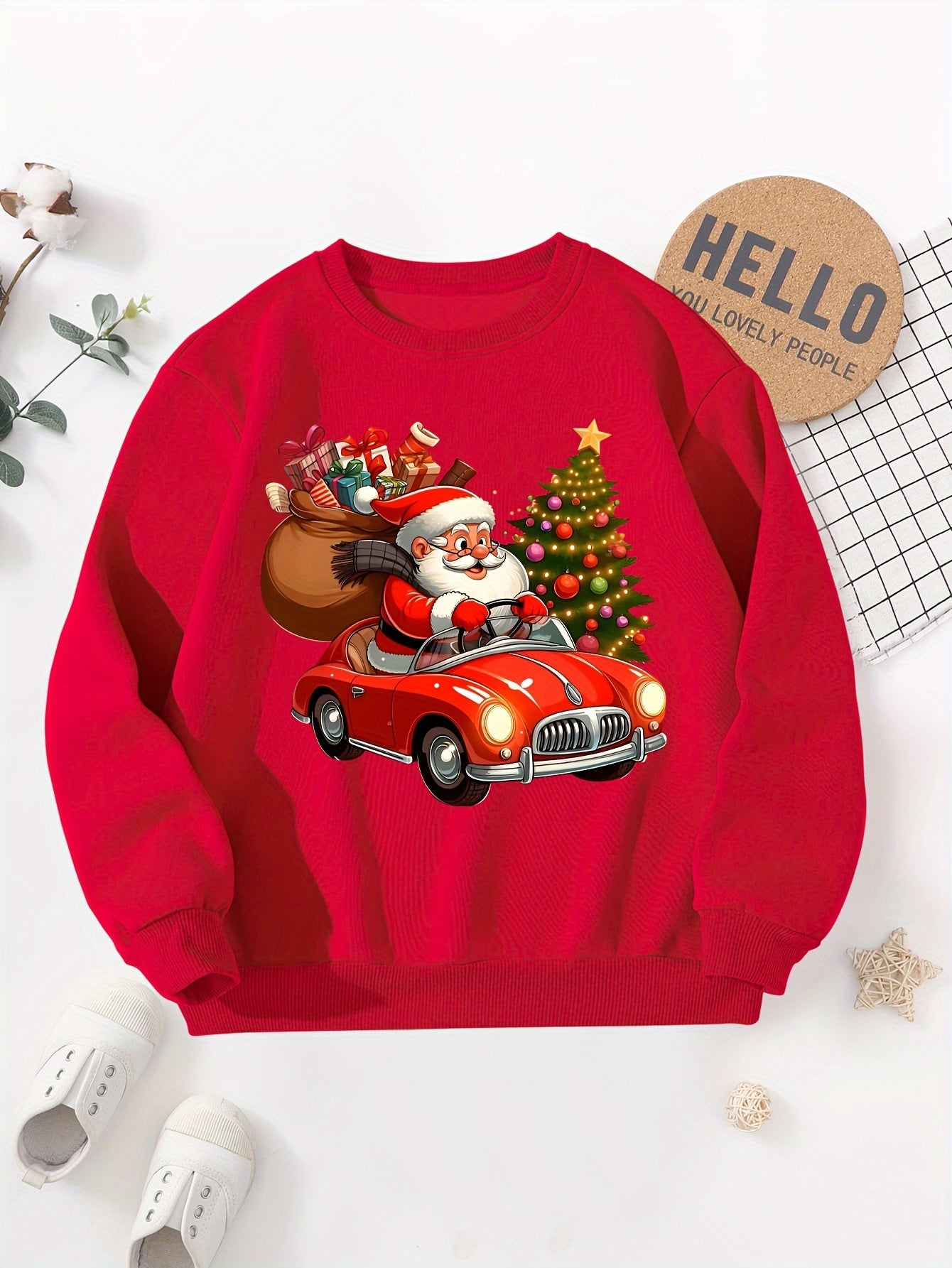 Boys' Cozy Fleece-Lined Christmas Sweatshirt with Santa & Car Print - Casual Long Sleeve Pullover for Fall/Winter