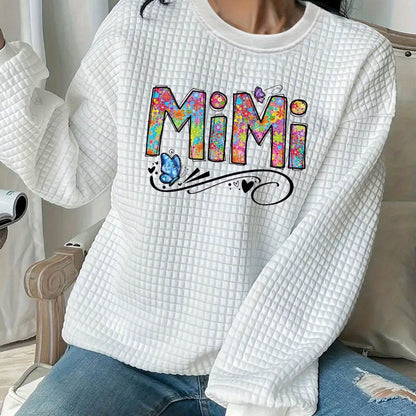 MIMI Chic Waffle Print Crew Neck Sweatshirt - Soft, Cozy, Long Sleeve, Casual, Women's Fashion Clothing for Daily Wear - High-Quality Fabric, Relaxed Fit, Easy Care