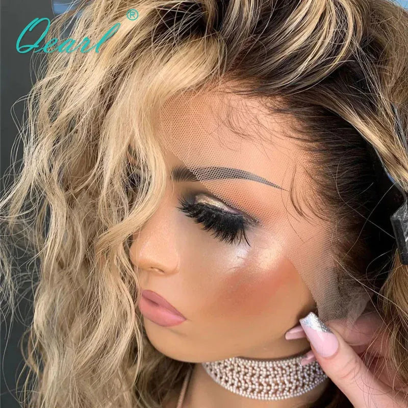 Free Style Water Wave Blonde Lace Front Wig Highlight Full Lace Human Hair Wigs for Women HD Transparent Synthetic Lace Closure Wig Preplucked