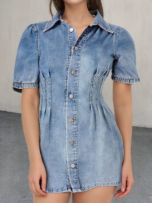Elegant Ruffle-Waist Denim Dress for Women - Breathable, Versatile & Easy-Care with Short Sleeves, Ideal for Spring to Fall