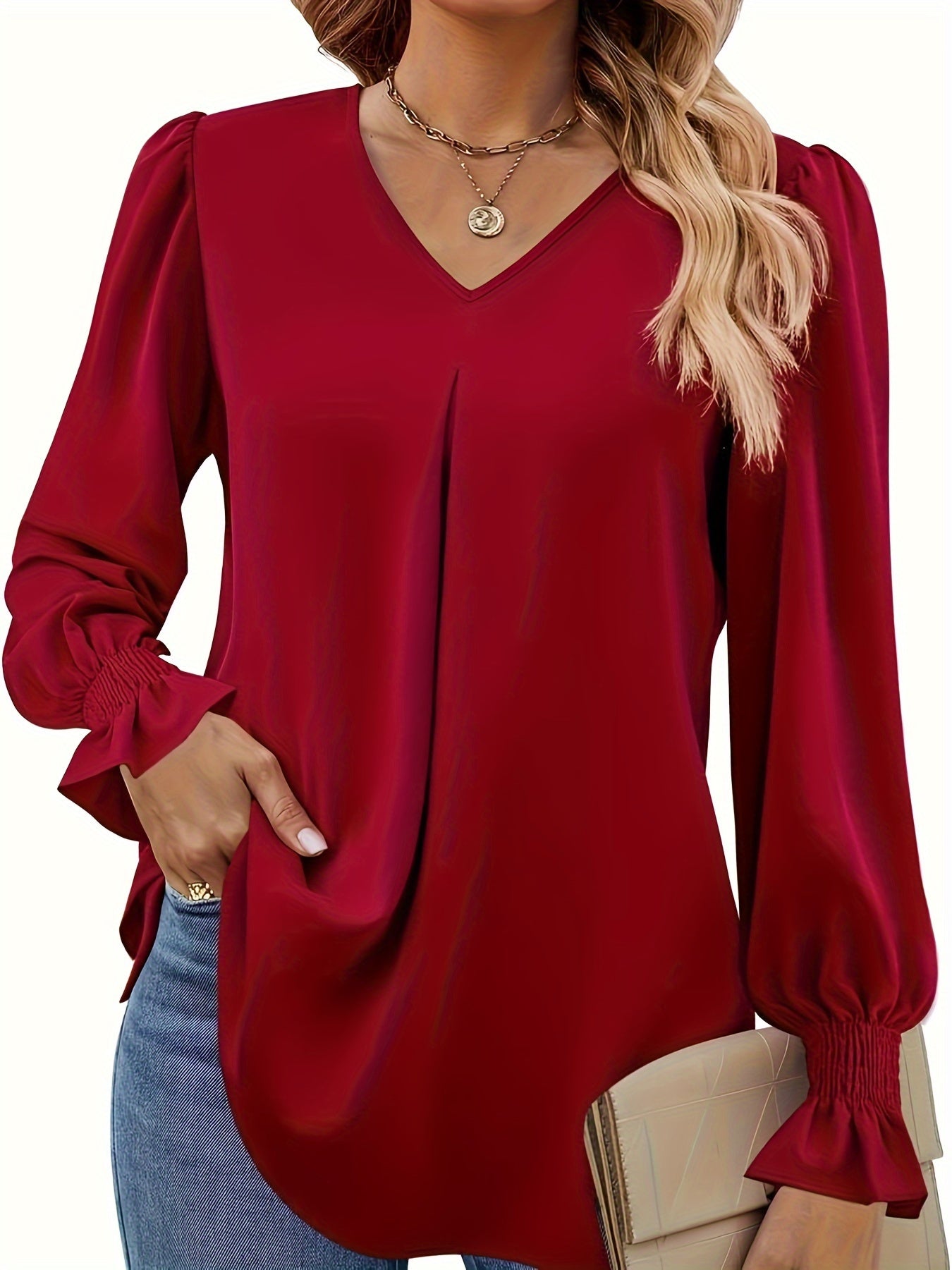 Plus Size Casual Blouse, Women's Plus Solid Shirred Flounce Sleeve V Neck Shirt Top