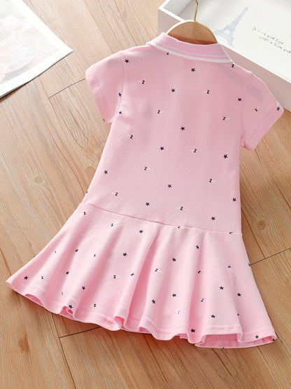 Girls' Summer Sporty Cotton Dress - Embroidered Stars, Polo Collar, Flared Ruffle Hem