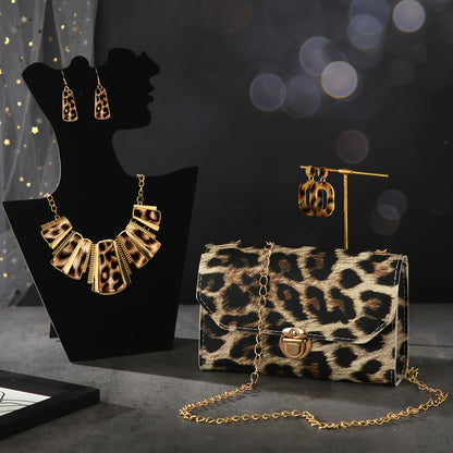 Chic 5pcs Leopard Print Jewelry Set For Women - Includes Clutch, Earrings, Leather Wrap Bracelets & Tassel Necklace Earrings For Women Jewelry For Women