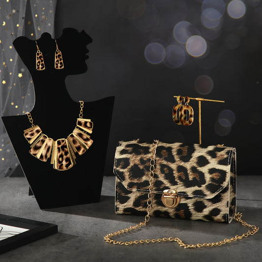 Chic 5pcs Leopard Print Jewelry Set For Women - Includes Clutch, Earrings, Leather Wrap Bracelets & Tassel Necklace Earrings For Women Jewelry For Women