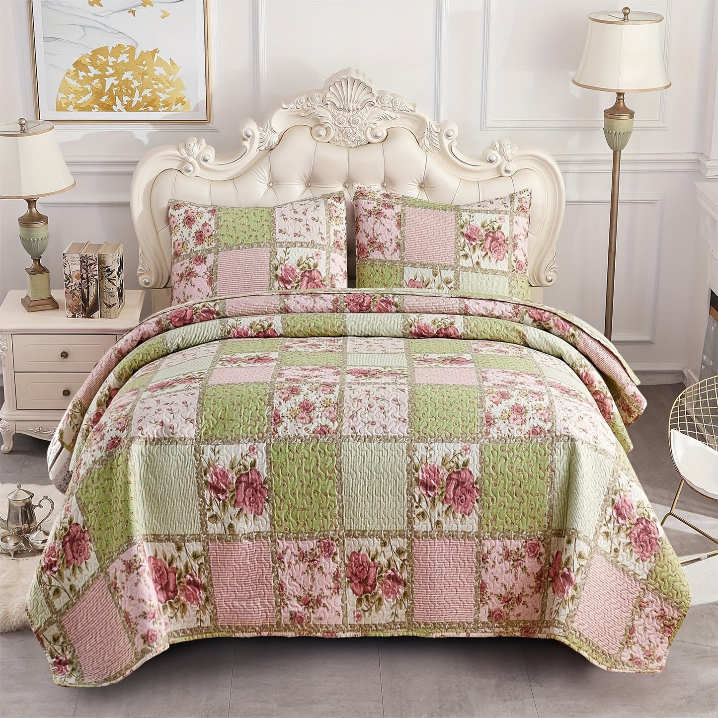 3-PCS Patchwork Quilt Set Queen&King Size, Pink Rosette and Stripes Bedspread Coverlet Set, Boho Reversible Bedspread, Soft Lightweight Coverlet Bedding Set with 2 Pillow Shams, All-Season  Fits Any Decro