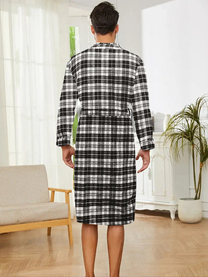 Cozy Plush Flannel Robe for Men - Soft Long Sleeve Loungewear with Pockets, Comfortable Casual Couple Style, Perfect for Relaxation and Leisure Activities at Home