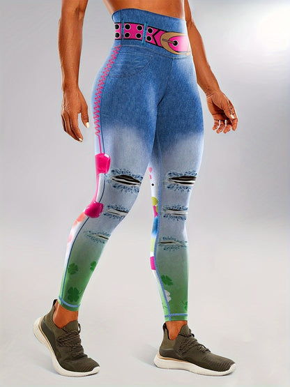 Faux Denim Print Color Butt Lifting Fitness Gym Sports Leggings, High Waist Yoga Workout Running Tight Pants, Women's Activewear