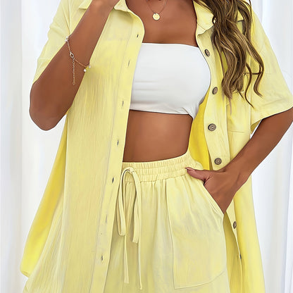Two-Piece Elegant Casual Set - Lapel Collar Short Sleeve Blouse & Drawstring Shorts Outfit - Polyester, Machine Washable, Solid Color, No Printing, Spring/Summer Essential for Women
