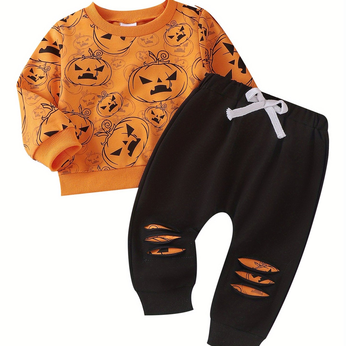 2-Piece Toddler Baby Boy's Halloween Layette Set - Long Sleeve Pumpkin Print Sweatshirt with Contrast Color Sweatpants - Spooky Comfortable Clothing for Little Monsters
