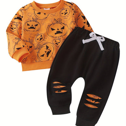 2-Piece Toddler Baby Boy's Halloween Layette Set - Long Sleeve Pumpkin Print Sweatshirt with Contrast Color Sweatpants - Spooky Comfortable Clothing for Little Monsters