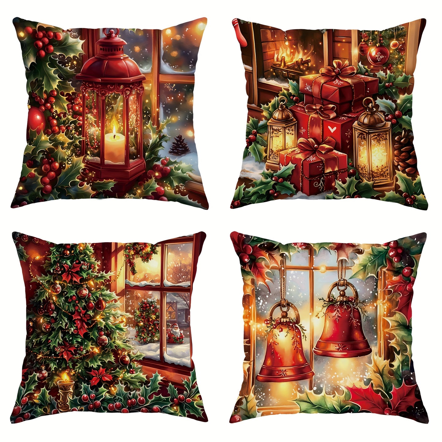 4-Piece Festive Velvet Throw Pillow Covers - Soft, Machine Washable, Zipper Closure, Contemporary Style, 18in x 18in - Perfect for Living Room, Bedroom, Sofa, and Bed Decor
