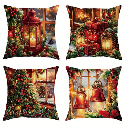 4-Piece Festive Velvet Throw Pillow Covers - Soft, Machine Washable, Zipper Closure, Contemporary Style, 18in x 18in - Perfect for Living Room, Bedroom, Sofa, and Bed Decor