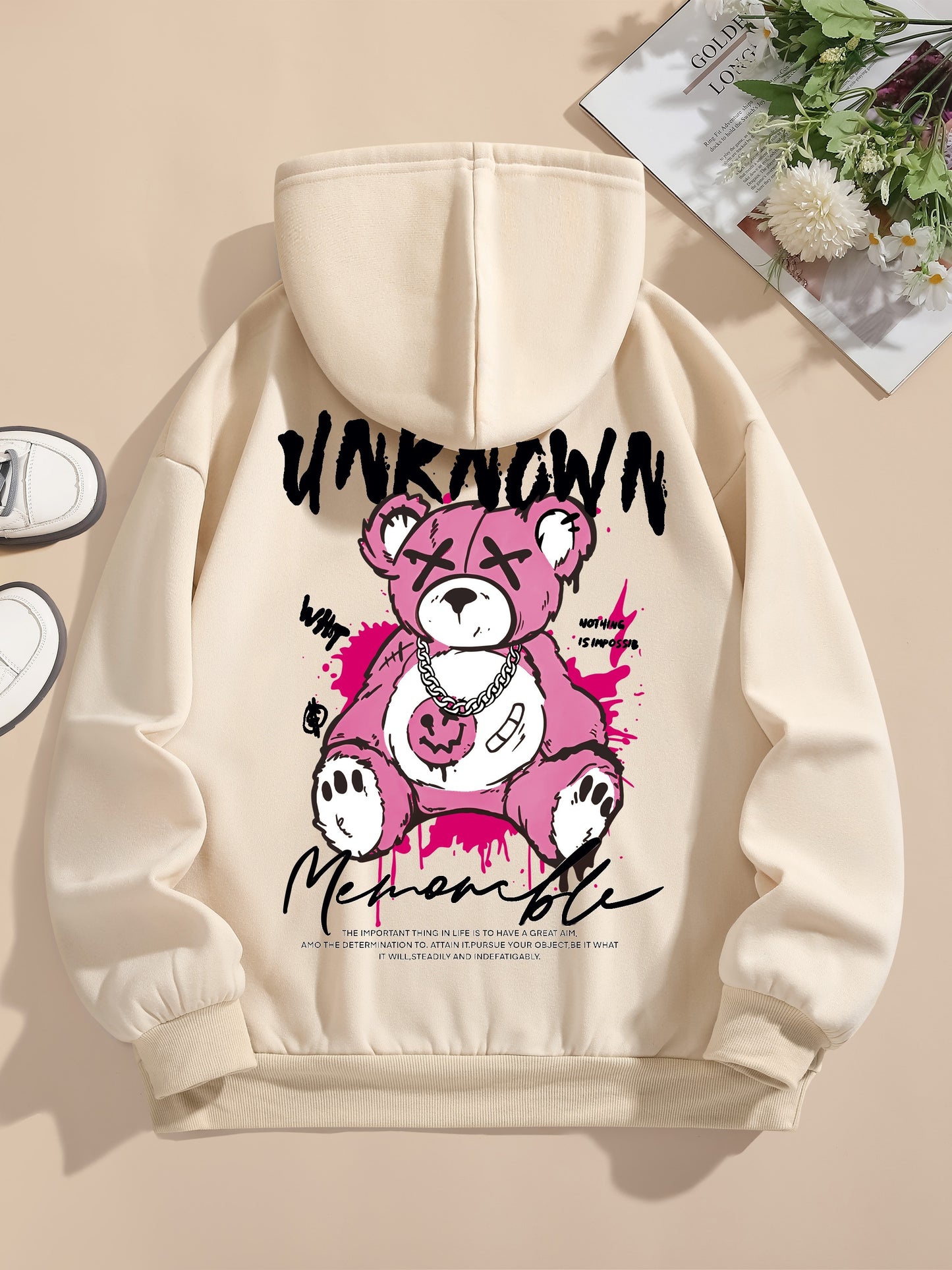 Womens Cute Cartoon Bear Print Hooded Sweatshirt - Soft Long Sleeve Drawstring Casual Wear - Trendy Comfortable Relaxed Fit for Everyday Fashion