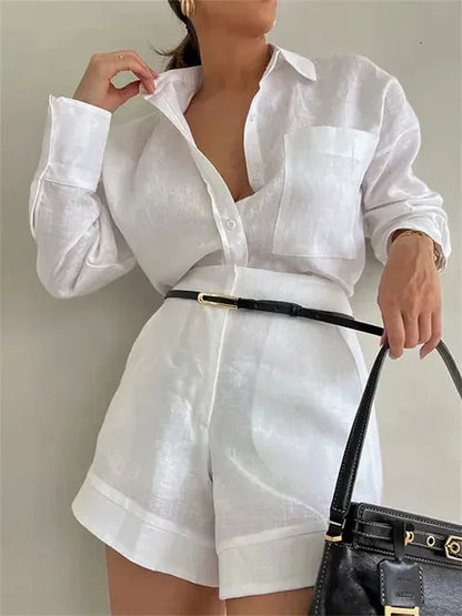 Aoaiiys White Short Sets Women Shirts Long Sleeve Linen Loose Blouse High Waist Shorts Suit Summer 2 Piece Womens Outfits 240518