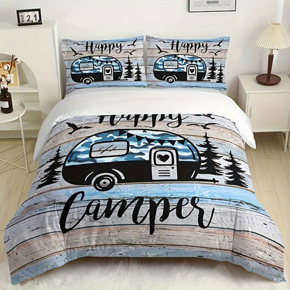 3pcs Camping Theme Duvet Cover Set, Fashion Forest Car Print Bedding Set, Soft Comfortable Duvet Cover, For Bedroom, Guest Room (1*Duvet Cover + 2*Pillowcase, Without Core)