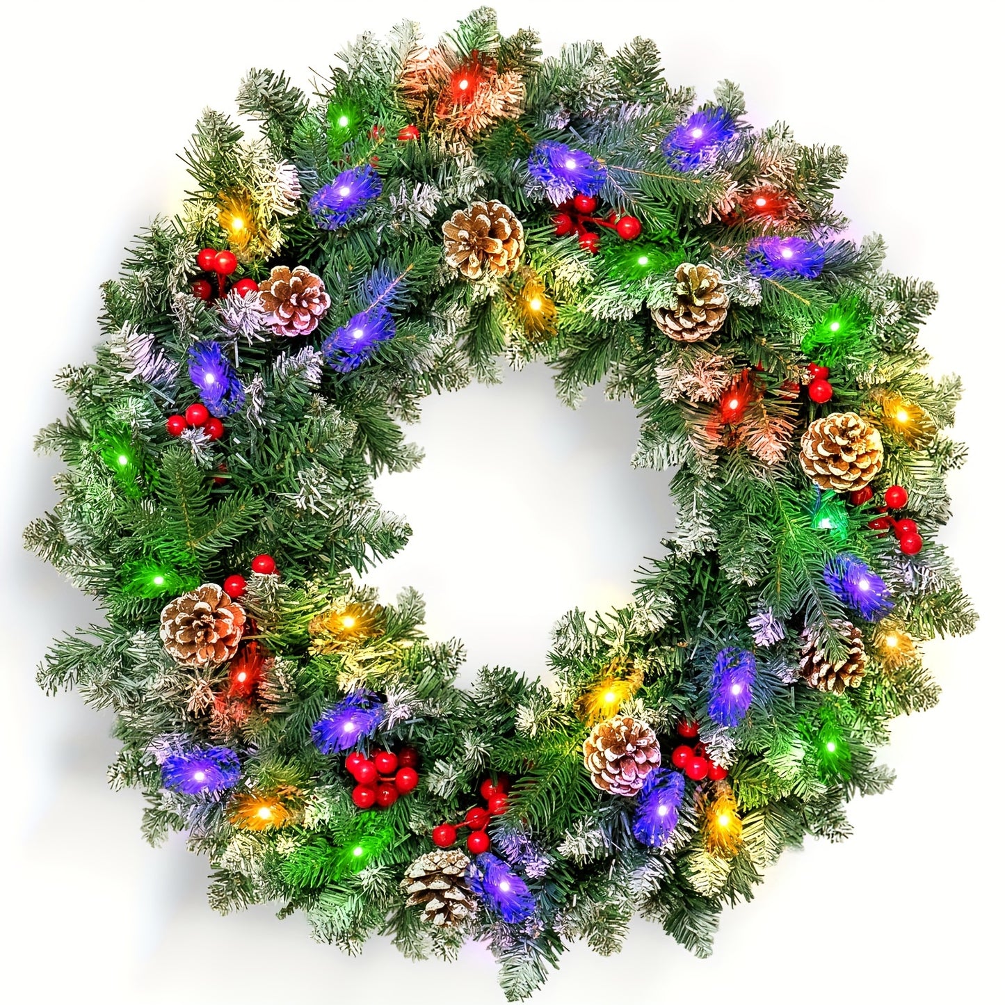 24" Green Pre-Lit Christmas Wreath with Red Berries, Pine Cones for Front Door, Window, Fireplace, Indoor Decor