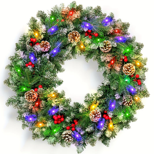 24" Green Pre-Lit Christmas Wreath with Red Berries, Pine Cones for Front Door, Window, Fireplace, Indoor Decor