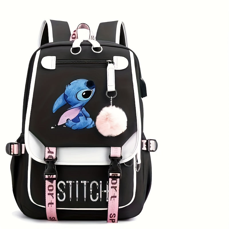 Stylish Cartoon Stitch Backpack - Durable Nylon Material, Zipper Closure, Polyester Lining, Preppy Style, Lightweight Design for School, Travel, and Daily Use - UME Brand