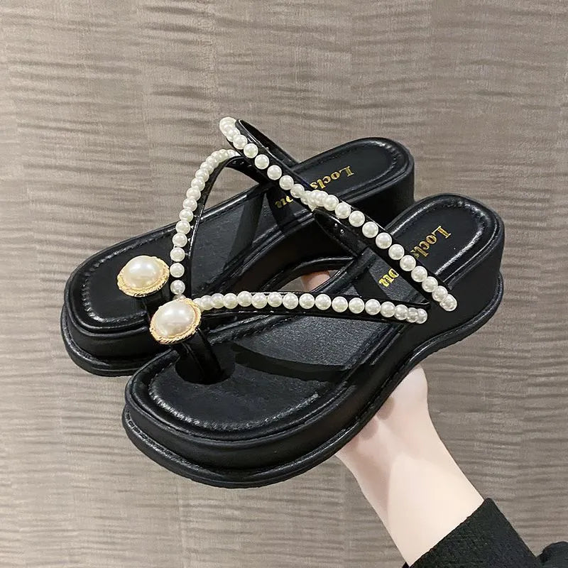 Summer Fashion High-Heeled Flip-Flops Outdoor Thick Sole Non-Slip Wedge Sandals Rhine-Diamond Beach Slippers