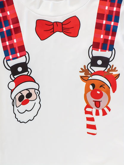 2pcs Baby's Cartoon Christmas Santa Elk Print Long Sleeve T-shirt & Casual Plaid Pattern Pants, Toddler & Infant Boy's Clothing Set, Outdoor Cloth