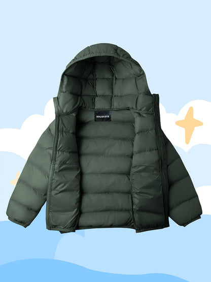 Solid Color Puffer Down Jackets For Girls Boys, Casual Warm Hooded Coat For Winter/Fall